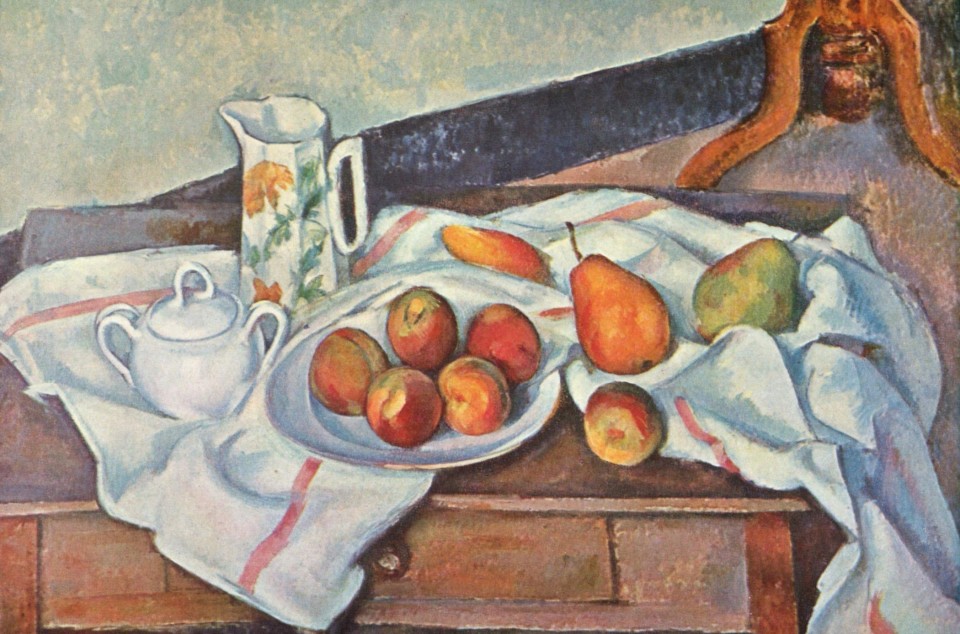 Zuccheriera, bricco e piatto con frutta  (Paul Cézanne)